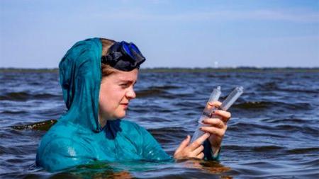 Peggy Mullin collects a water sample.